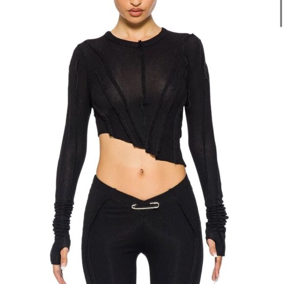 SAMI MIRO VINTAGE Tops - Sami Miro Vintage ASYMMETRIC LONG SLEEVE TEE IN BLACK RIB